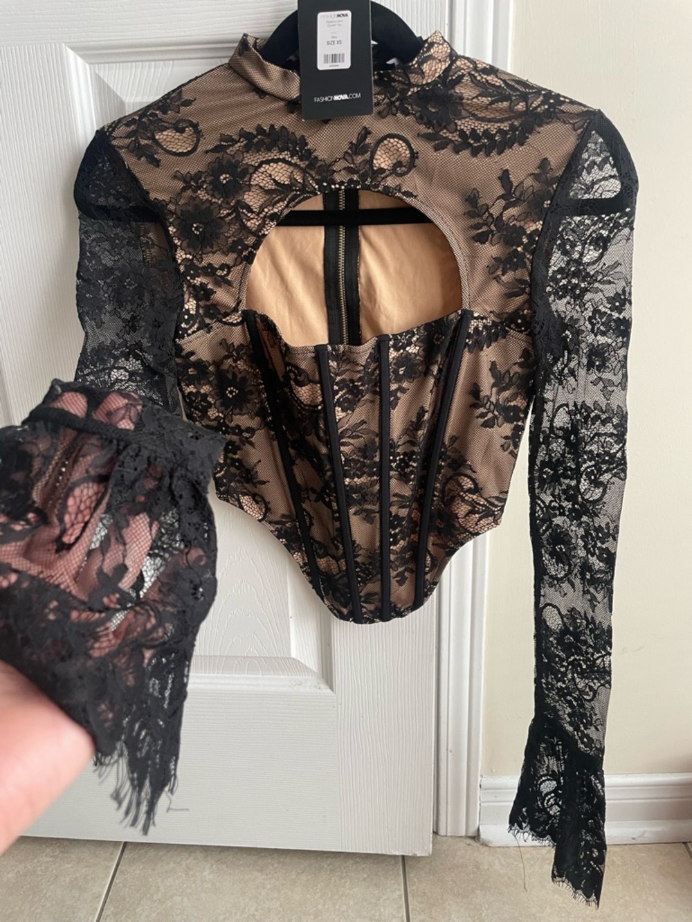 Black Lace Long Sleeve Corset Top with Nude Lining